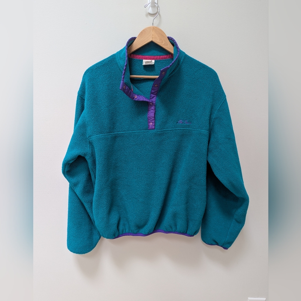 Vintage 90s L.L Bean Snap Fleece Pullover Teal Purple- Made in USA